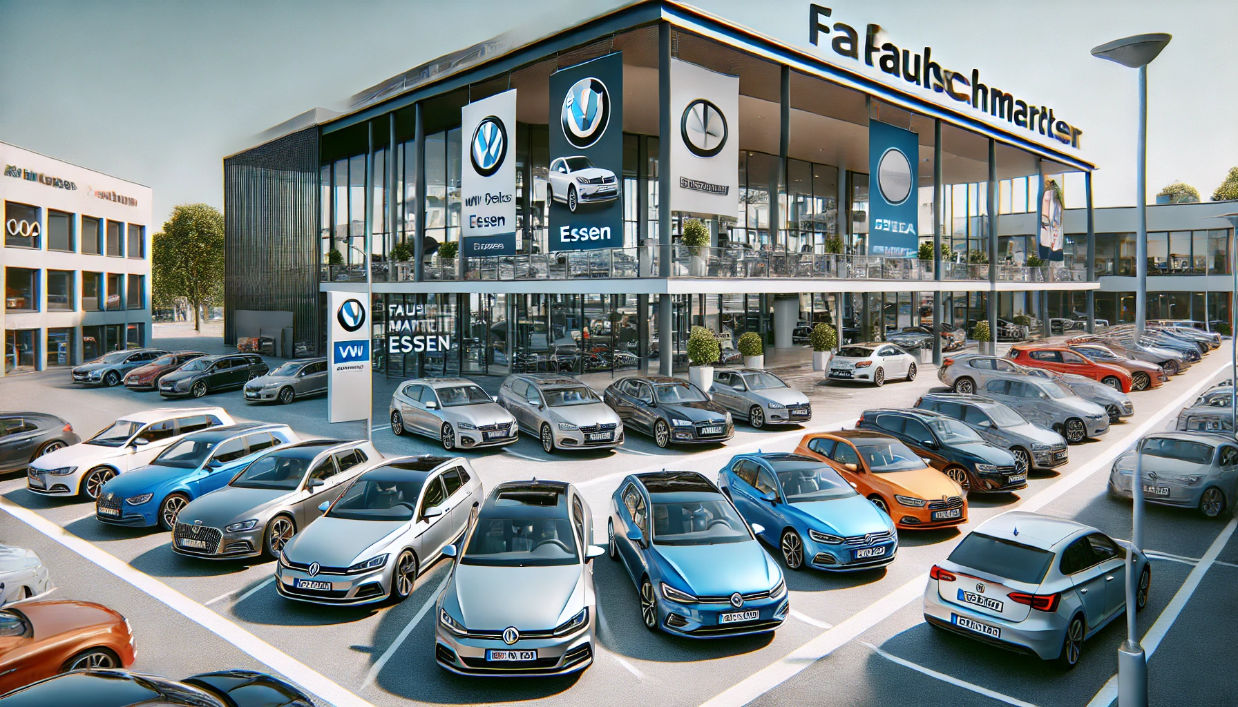 Moderner Fahrzeugmarkt in Essen mit den Top 10 Automarken und Modellen, darunter VW Golf, Mercedes-Benz C-Klasse, BMW 3er, Audi A4 und Ford Focus vor einem Autohaus mit Glasfassade.