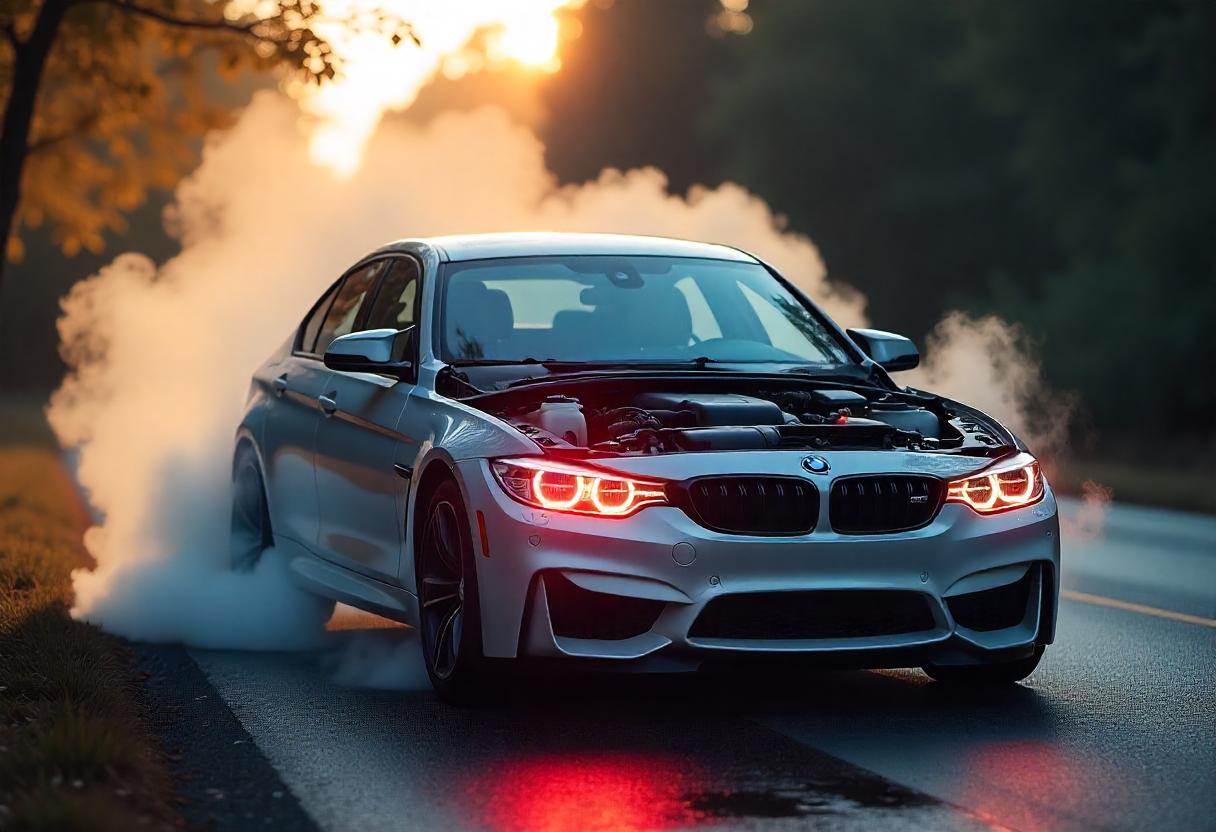 BMW-Motor überhitzt mit geöffneter Motorhaube und dampfendem Kühlsystem